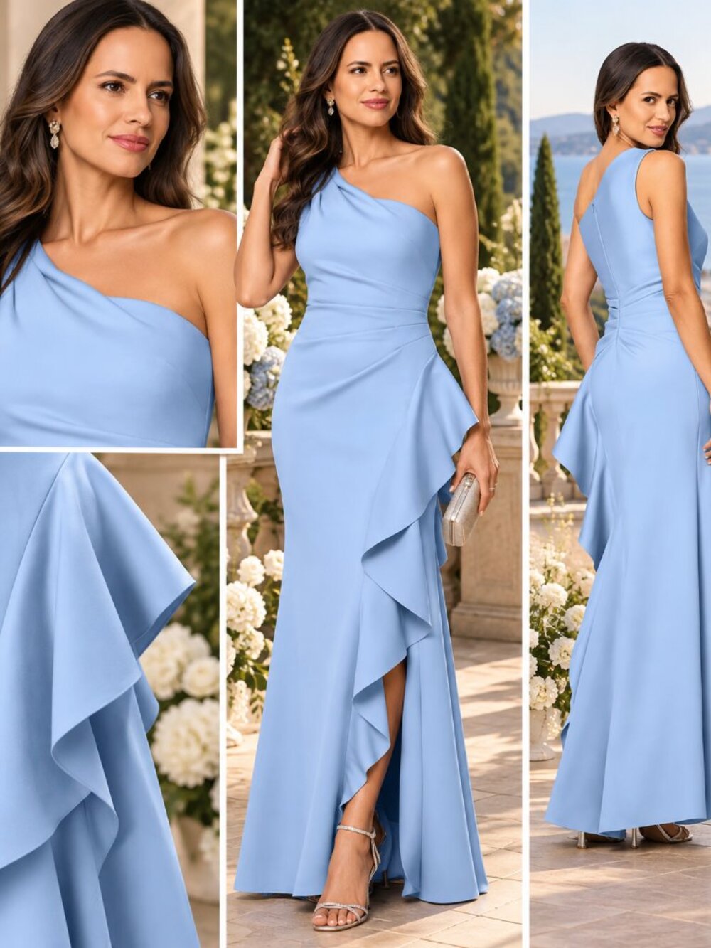 XSCAPE Petite 4P Periwinkle One Shoulder Ruffle Formal Gown